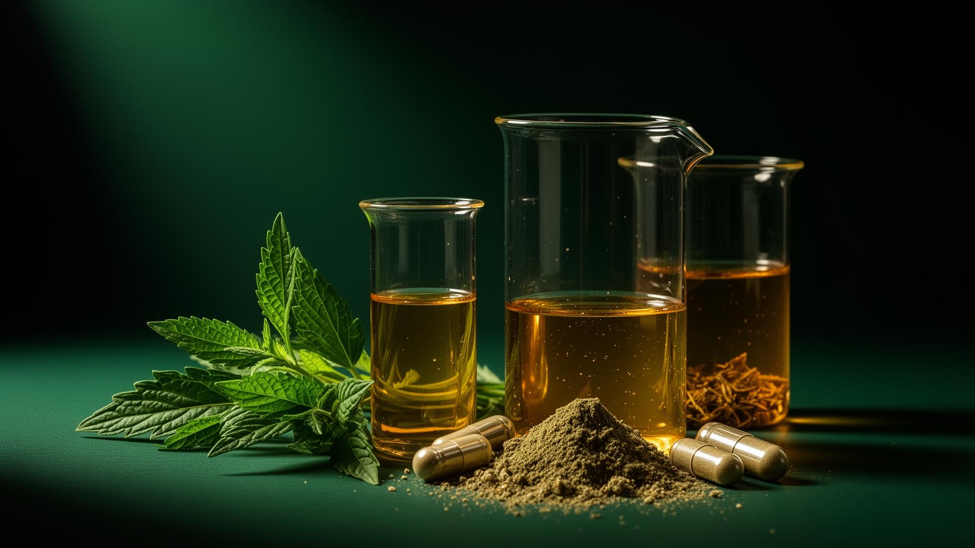 Premium herbal manufacturing — beakers, leaves, capsules
